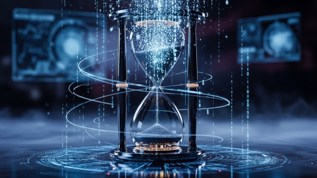 Imagem de uma ampulheta futurista, onde a areia é substituída por partículas de dados brilhantes em forma de código binário, fluindo através do vidro. À medida que a areia (dados) cai, ela se transforma em partículas digitais, representando a medição do tempo e o impacto dos dados em tempo real. O fundo apresenta mais códigos binários e gráficos digitais, enfatizando o conceito de análise de dados em tempo e espaço no mundo digital.