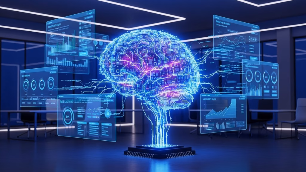Cérebro digital formado por circuitos luminosos conectado a diversas telas flutuantes com gráficos e dados, representando inteligência artificial e análise de informações.