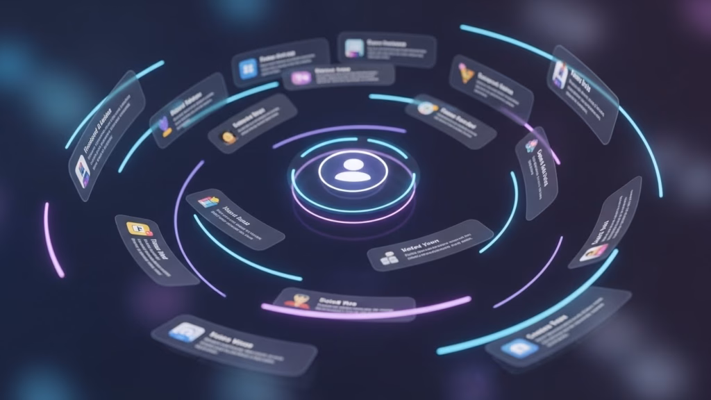 Interface futurista com elementos flutuantes em espiral ao redor de um ícone de usuário central, representando conexões ou funcionalidades digitais personalizadas.