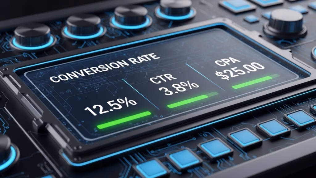 Uma tela digital futurista mostrando métricas de marketing, como "Taxa de Conversão", "CTR" e "CPA", com barras verdes indicando desempenho positivo.