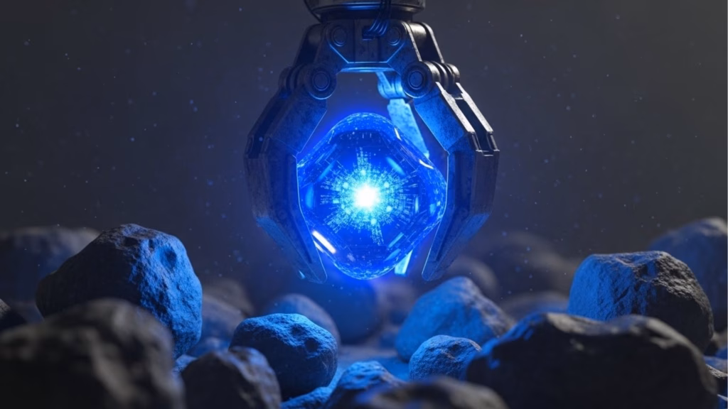 Garra robótica segurando um objeto azul brilhante em meio a rochas, sugerindo tecnologia avançada ou mineração digital.