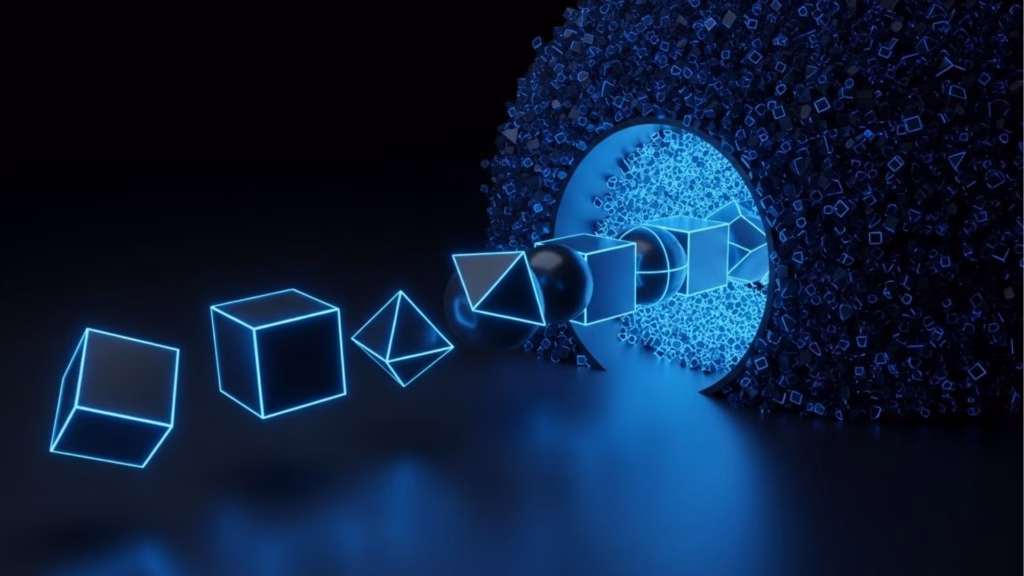 Formas geométricas iluminadas em azul saindo de uma estrutura circular com milhares de pequenos elementos, representando organização ou processamento de dados.