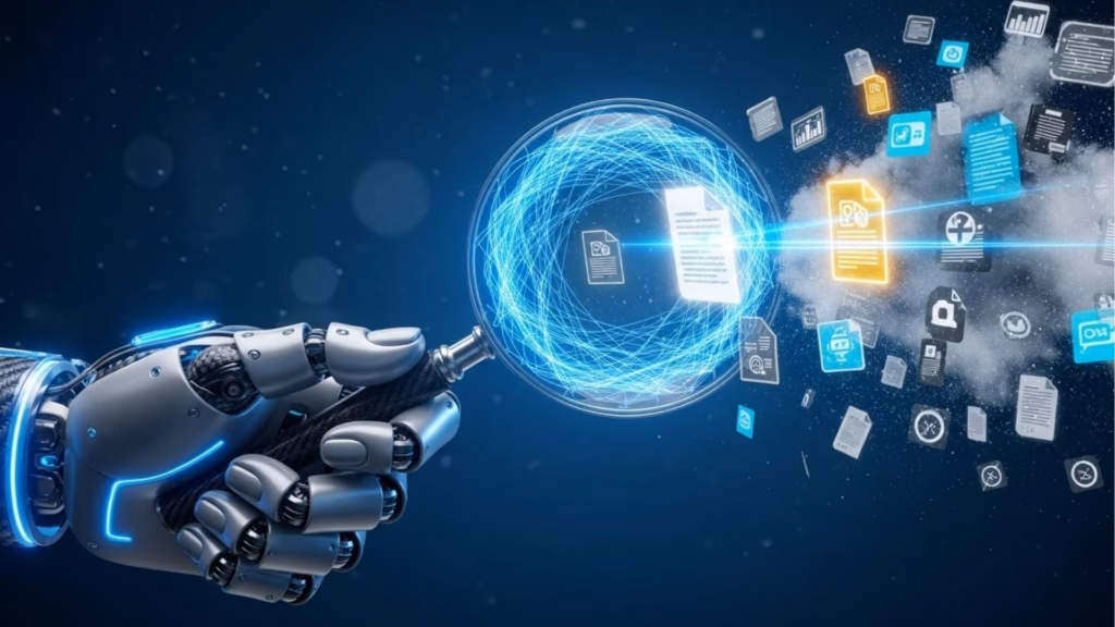 Mão robótica segurando uma caneta que aponta para um círculo de energia com documentos digitais sendo organizados e transferidos para uma nuvem, simbolizando inteligência artificial e processamento de dados.