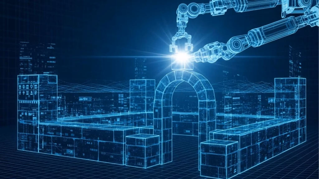 Braços robóticos construindo uma estrutura digital em forma de portal com blocos virtuais, representando automação ou construção inteligente.