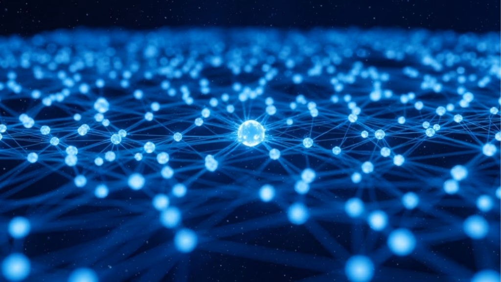 Rede de esferas brilhantes interligadas por linhas azuis formando uma malha tridimensional, com um nó central em destaque, sugerindo conexão e transmissão de dados.