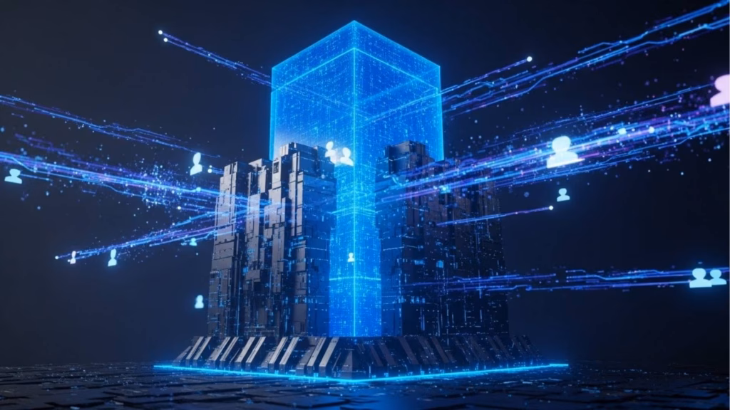 Estrutura digital em forma de cubo brilhante cercada por blocos metálicos, com ícones de usuários e fluxos de dados azuis e roxos circulando ao redor, representando armazenamento e troca de informações.