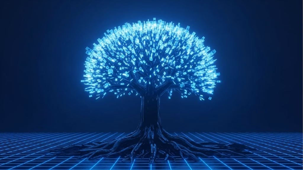 Árvore digital com tronco e raízes escuros e copa composta por pequenos blocos de luz azul, sobre um chão quadriculado futurista.
