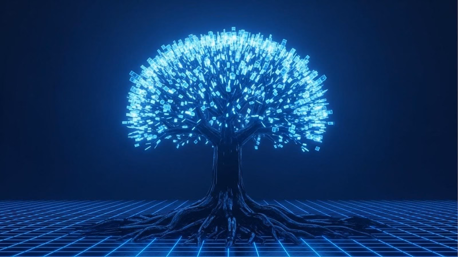 Árvore digital com tronco e raízes escuros e copa composta por pequenos blocos de luz azul, sobre um chão quadriculado futurista.