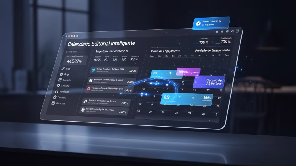 Interface digital flutuante de um calendário editorial inteligente com colunas de sugestões de conteúdo por IA, métricas de engajamento e eventos destacados ao longo do mês; texto em português.