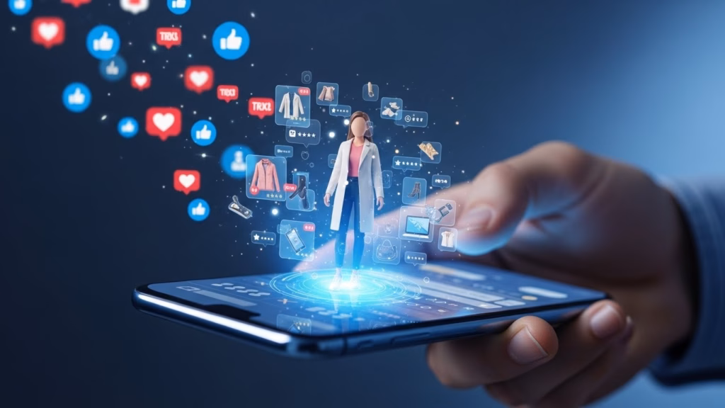 Mão segurando um smartphone de onde surge a imagem de uma mulher estilizada rodeada por ícones de compras, redes sociais e avaliações, representando interação com e-commerce e mídias digitais.