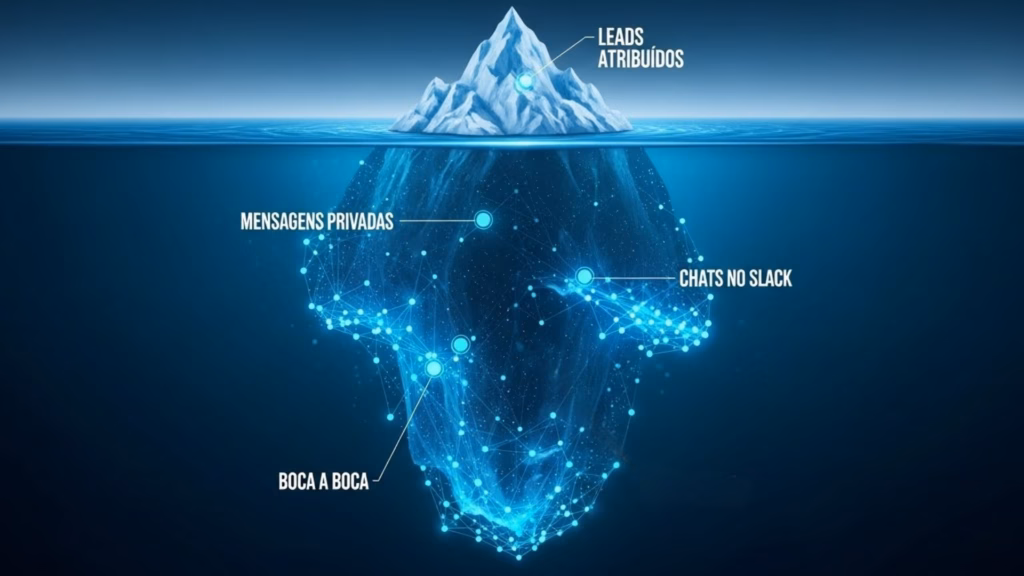 Ilustração de iceberg com a ponta visível rotulada como “Leads Atribuídos” e a parte submersa representando interações ocultas como “Mensagens Privadas”, “Chats no Slack” e “Boca a Boca”.