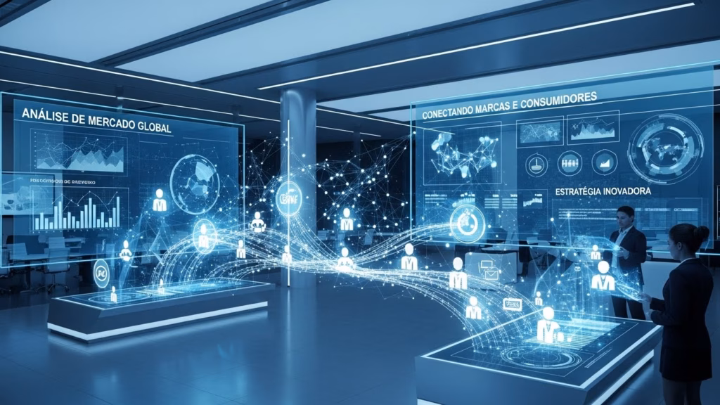 Sala futurista com painéis holográficos exibindo gráficos e dados sobre análise de mercado global, conectando marcas e consumidores, com destaque para termos como “Estratégia Inovadora”.