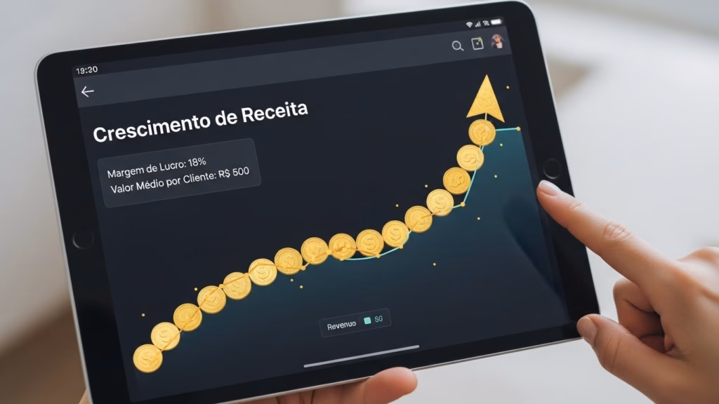 Tela de tablet exibindo gráfico com moedas douradas em linha crescente, acompanhado do título “Crescimento de Receita” e informações como margem de lucro de 18% e valor médio por cliente de R$ 500.