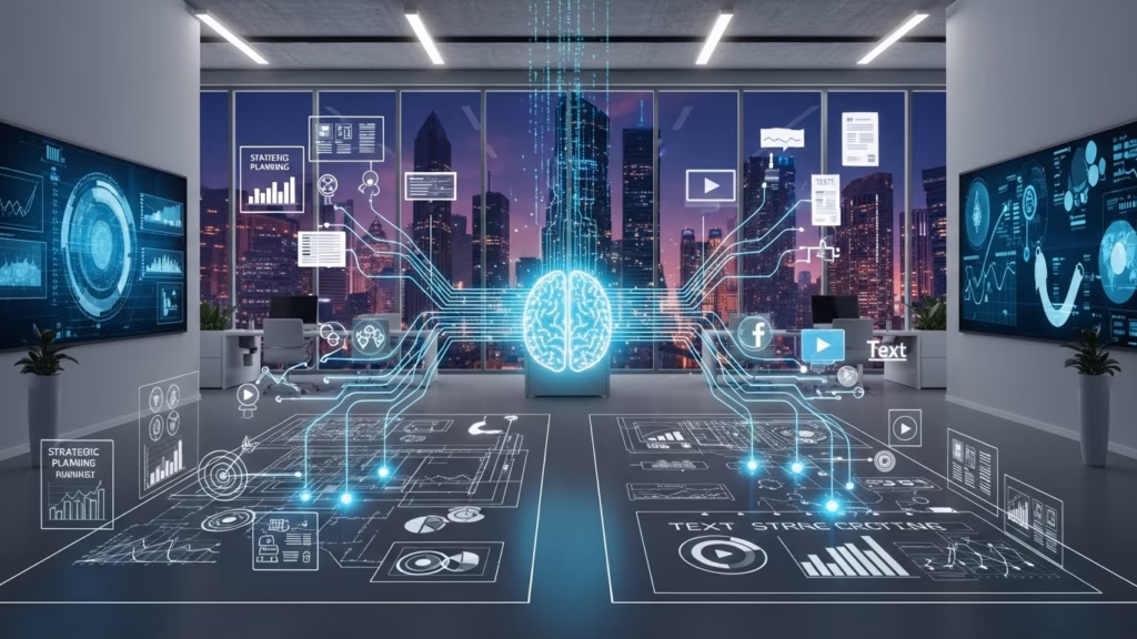 Ambiente corporativo com janelas amplas e vista para a cidade, onde uma representação digital de um cérebro está conectada a diversos ícones e gráficos flutuantes, simbolizando inteligência artificial e análise de informações.