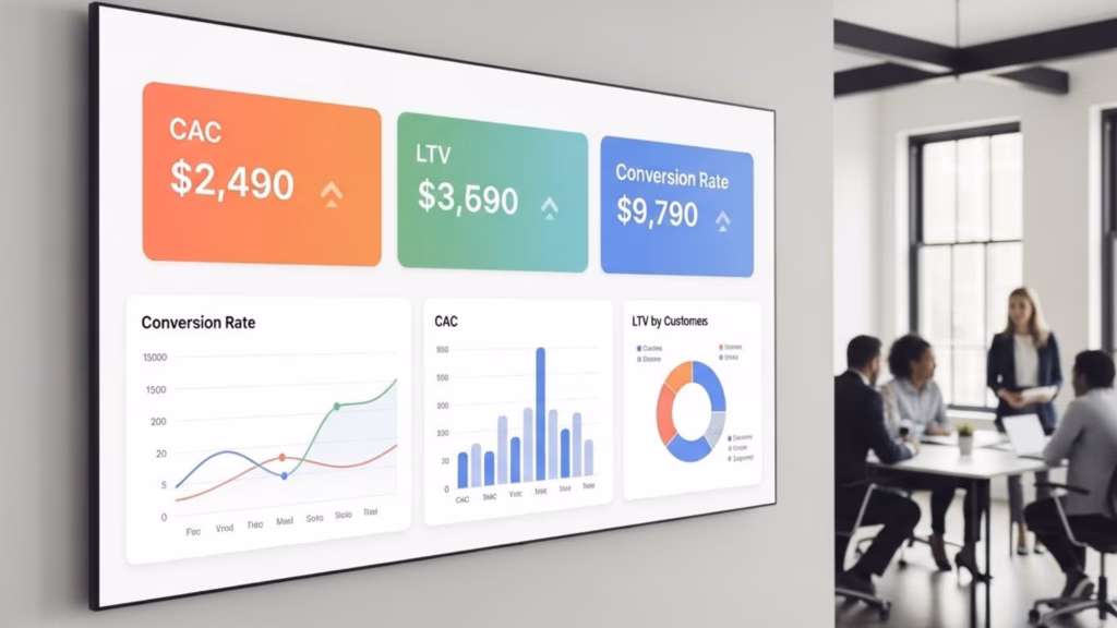 Tela de apresentação com gráficos e indicadores de desempenho como CAC, LTV e taxa de conversão, exibida em sala de reunião onde um grupo de pessoas discute ao fundo.