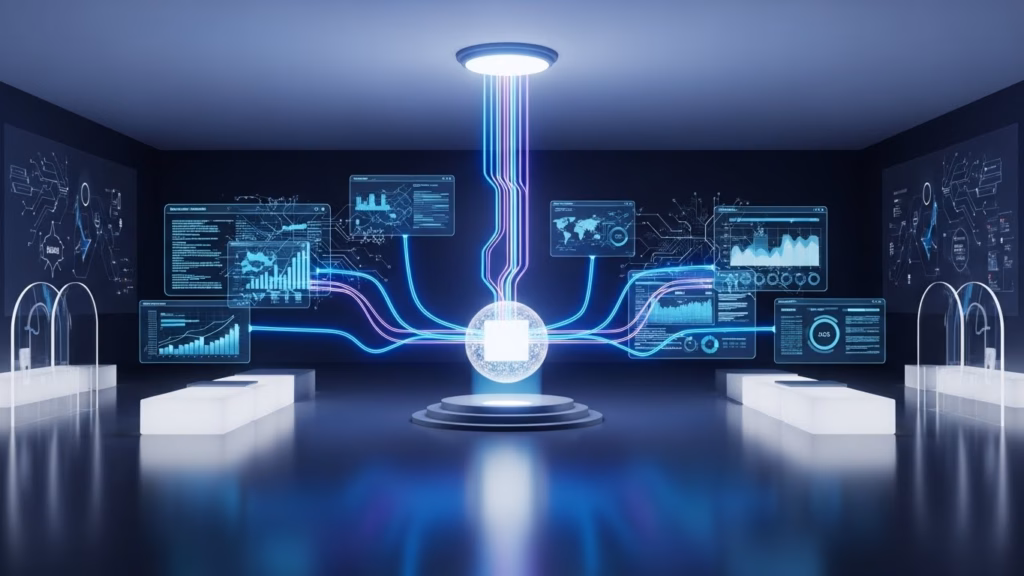 Sala futurista com ambiente escuro e estrutura central conectada a gráficos digitais flutuantes por meio de feixes de luz coloridos, representando análise de dados.