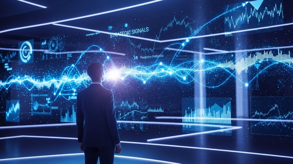 Pessoa observando um painel digital interativo com gráficos, ondas de dados e a expressão "STRATEGIC SIGNALS", simbolizando análise preditiva e tomada de decisão.