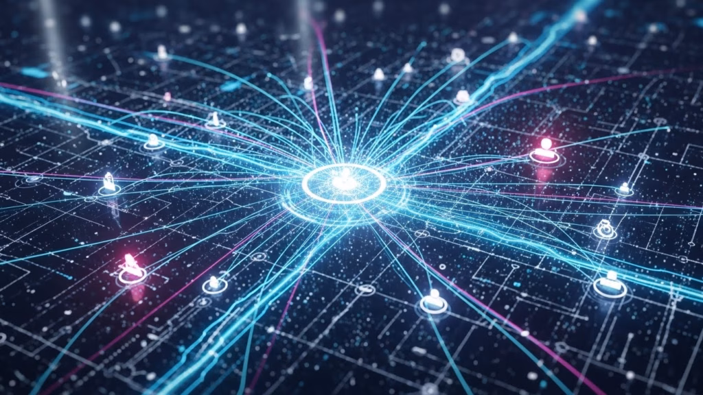 Visualização digital de uma rede de conexões com linhas de luz azuis convergindo para um ponto central, representando fluxo de dados ou sistema de comunicação.