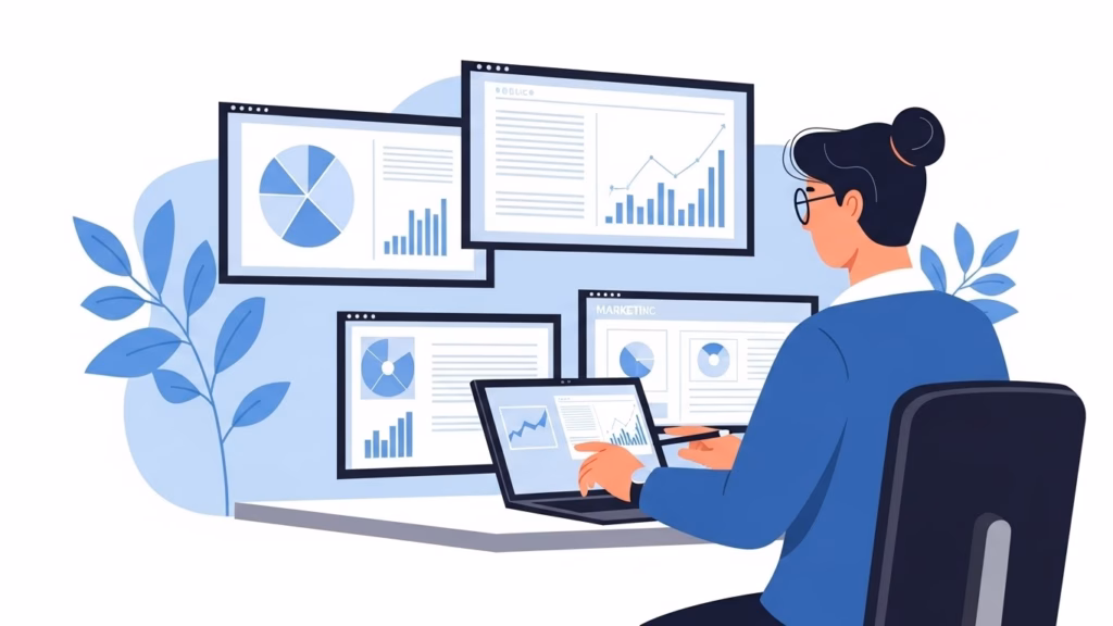 Ilustração de uma mulher sentada em frente a vários monitores e um notebook, analisando gráficos e dashboards de dados, com foco em marketing e desempenho.