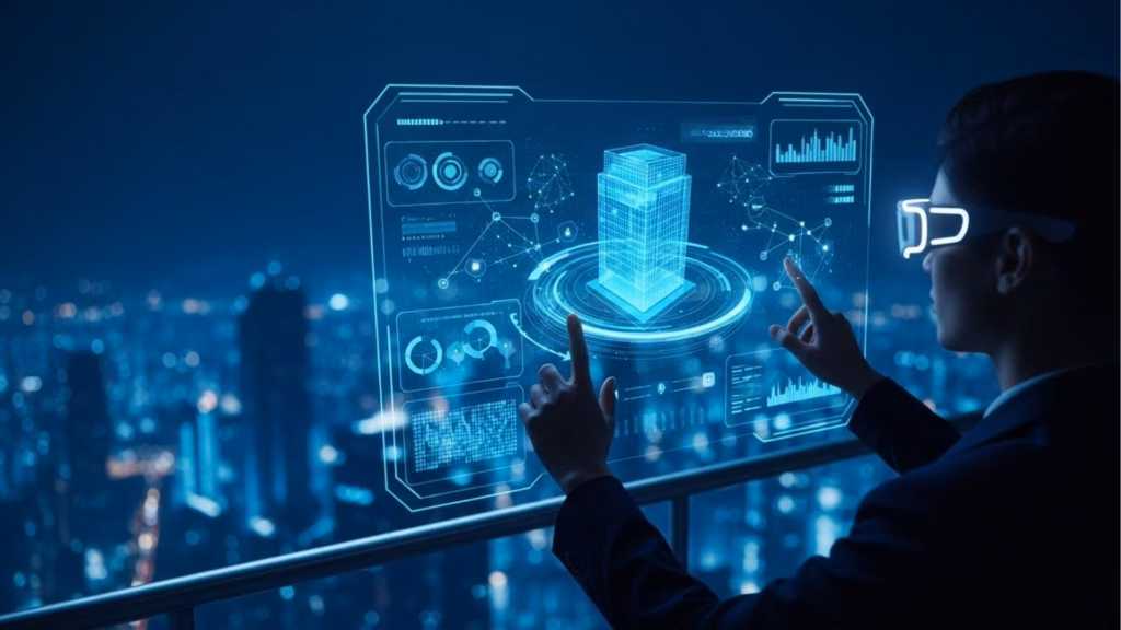 Pessoa com óculos de realidade aumentada interagindo com uma tela holográfica que exibe um prédio digital e gráficos, com cidade iluminada ao fundo.