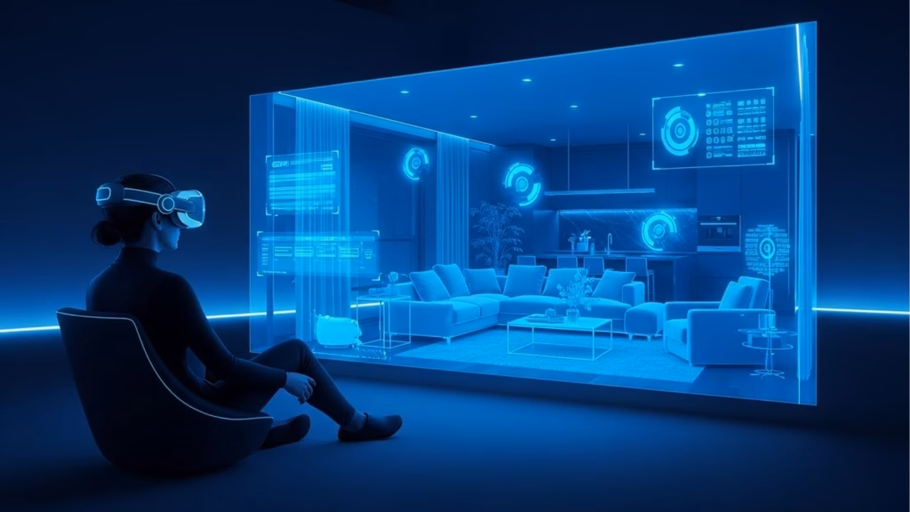 Pessoa usando óculos de realidade virtual observando uma sala digital holográfica com móveis e interfaces futuristas em azul.