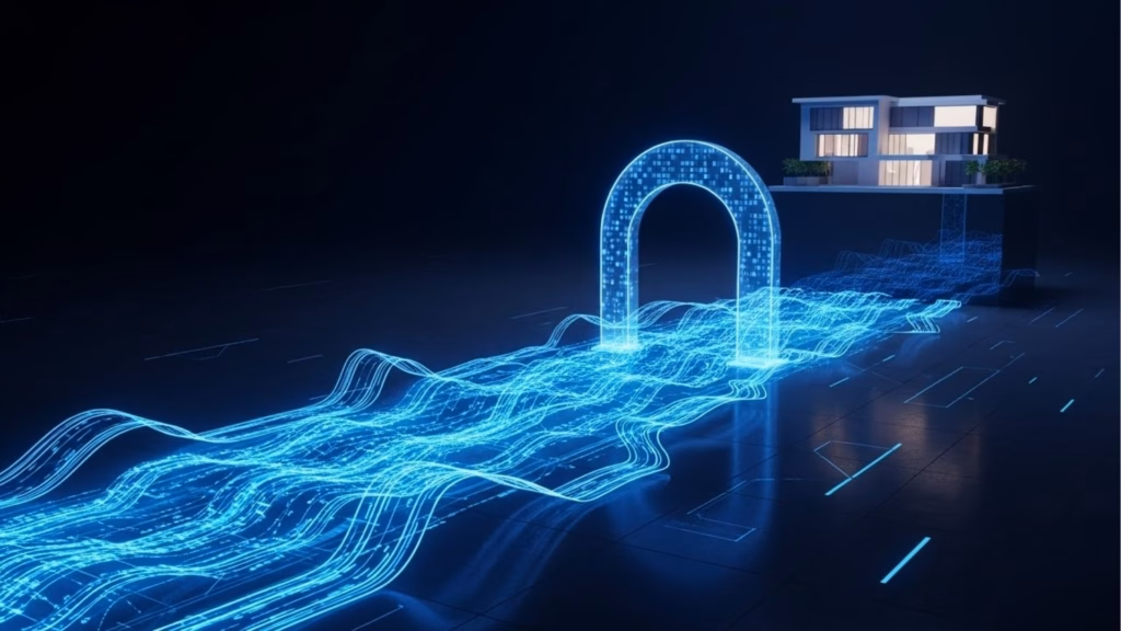 Fluxo de dados em forma de ondas azuis passando por um portal digital em direção a uma casa moderna iluminada, sugerindo conexão inteligente.