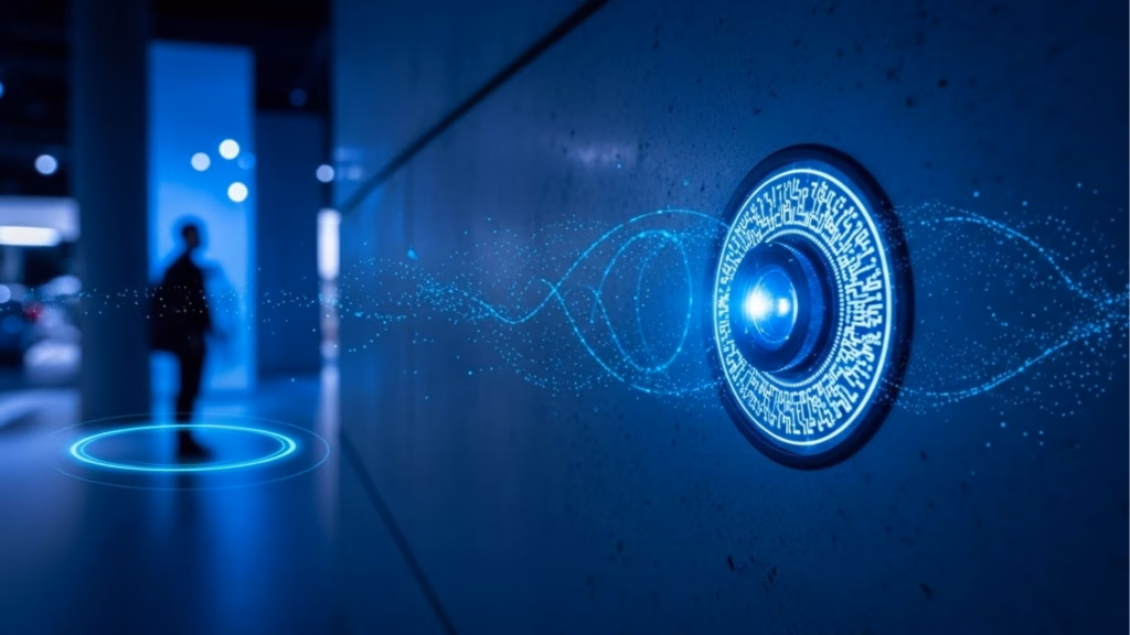 Dispositivo circular digital embutido em parede com efeitos de luz azul e fluxo de dados, enquanto uma pessoa desfocada caminha ao fundo.