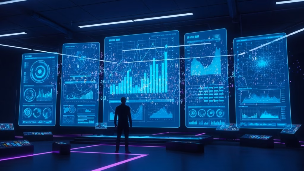 Pessoa em pé diante de uma parede com grandes painéis holográficos exibindo diversos gráficos de dados e indicadores, em ambiente tecnológico de análise e visualização.