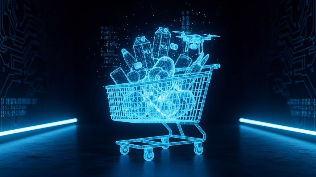 Carrinho de compras holográfico repleto de produtos digitalizados como frutas, garrafas, caixas e leite, com um drone pairando acima, simbolizando automação no varejo.