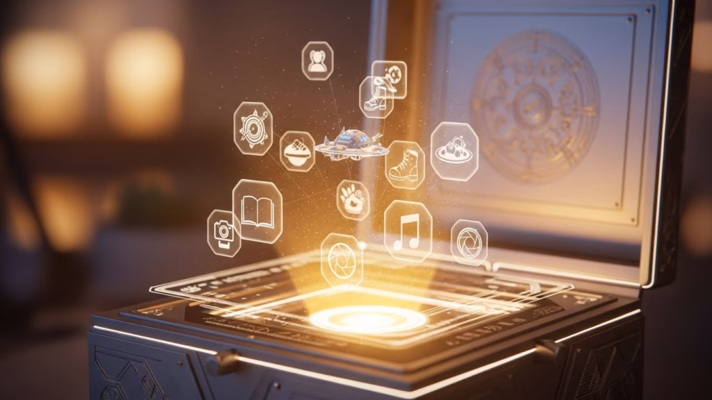 Caixa aberta emitindo luz dourada com ícones holográficos flutuando acima, representando diversas categorias como música, culinária, leitura, moda e tecnologia.