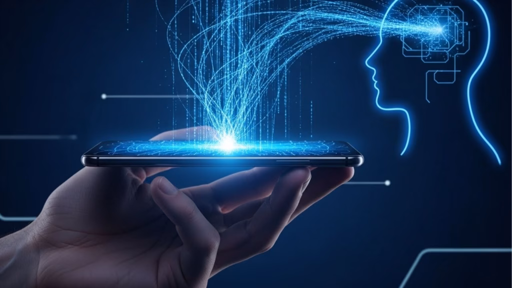 Mão segurando um smartphone com feixes de dados saindo da tela e se conectando à silhueta de uma cabeça com circuito no cérebro, sugerindo transferência de informação.