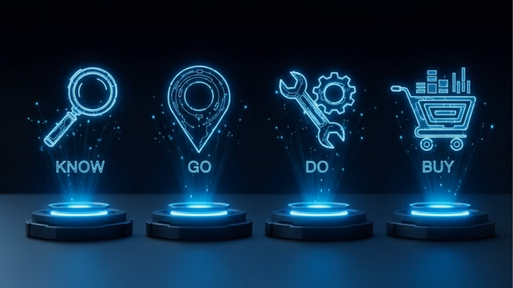 Ícones holográficos representando lupa (KNOW), marcador de localização (GO), ferramentas (DO) e carrinho de compras (BUY), alinhados sobre plataformas digitais.