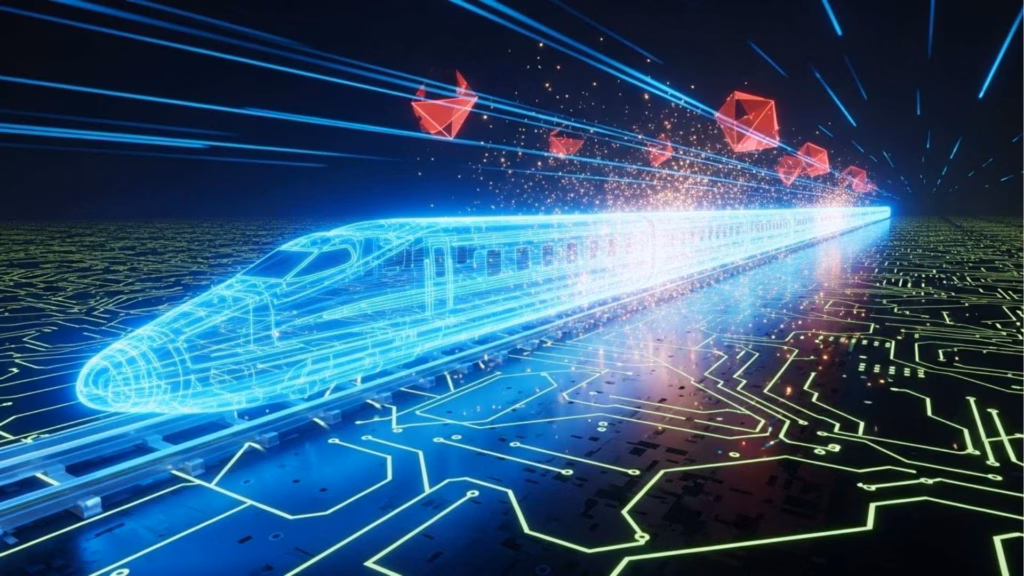 Trem futurista em azul neon trafegando em trilhos digitais, com partículas brilhantes e ícones vermelhos em forma de poliedros ao redor, simbolizando velocidade de dados.
