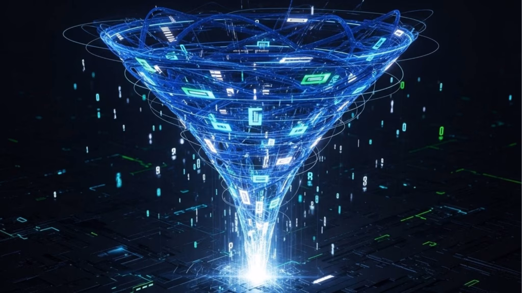 Funil digital holográfico em forma de espiral com fluxos de dados e códigos binários convergindo para um ponto de luz na base.