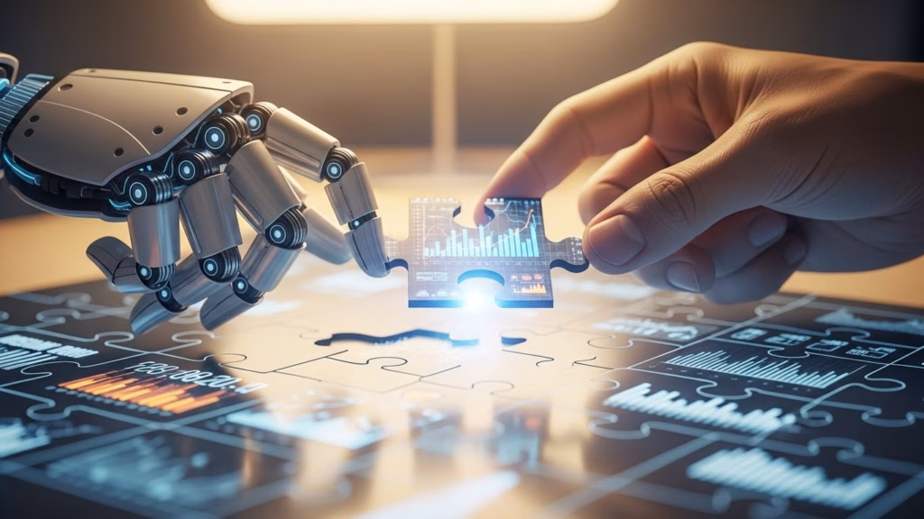 Mão humana e mão robótica segurando juntas uma peça de quebra-cabeça com gráfico de barras, prestes a encaixá-la em um tabuleiro formado por outras peças com dados e visualizações, simbolizando colaboração entre humanos e inteligência artificial.