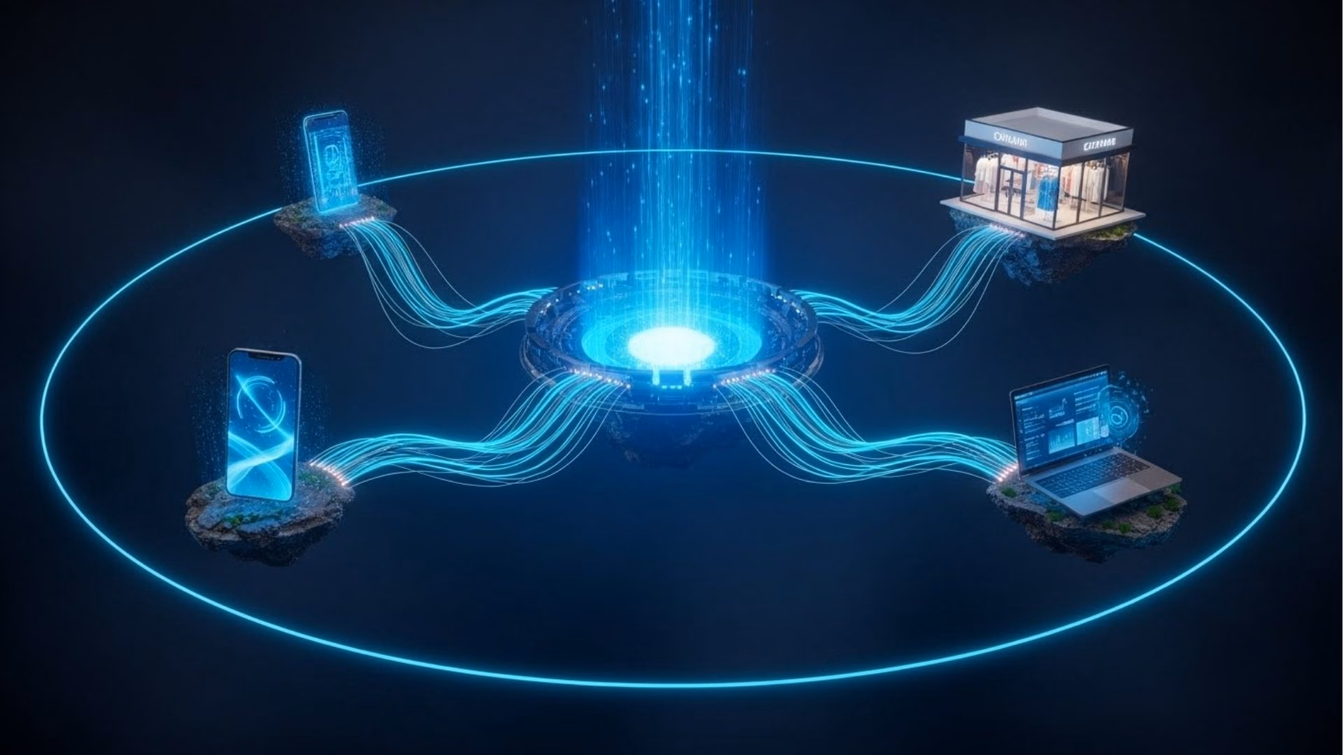 Núcleo central emitindo feixes de luz conectados a quatro plataformas: dois celulares, um notebook e uma loja física, representando integração de canais e dados omnichannel.