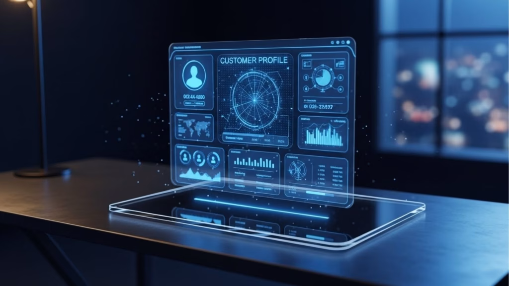 Perfil de cliente exibido em um painel holográfico flutuante acima de uma base transparente, com gráficos, dados demográficos e indicadores de comportamento.