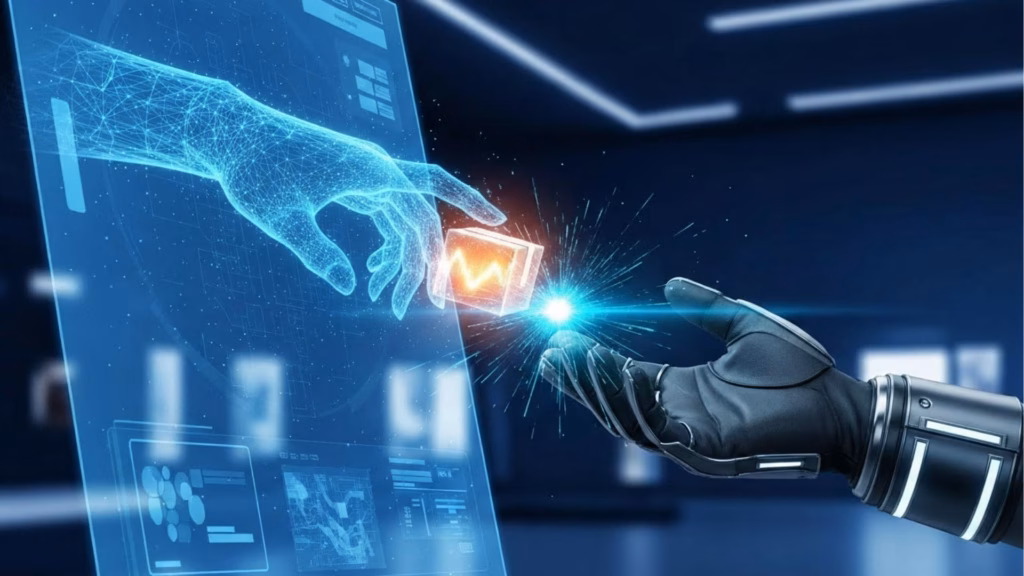 Mão digital tocando uma mão robótica através de uma tela, transferindo um cubo com gráfico luminoso, representando conexão entre humanos e tecnologia.