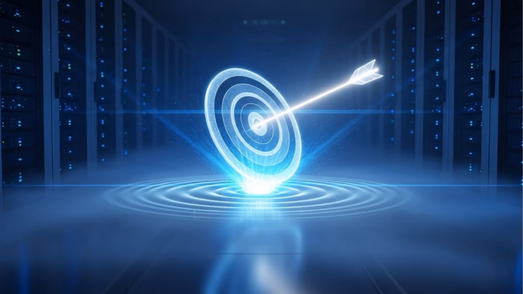 Alvo holográfico brilhante com uma flecha cravada no centro, posicionado em meio a servidores de dados, simbolizando precisão em ambientes digitais.