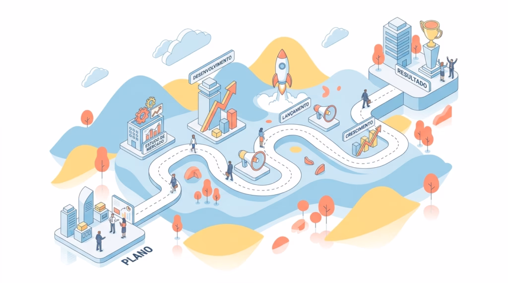Infográfico de planejamento de marketing em estilo isométrico mostrando o caminho desde o plano inicial, estudo de mercado, desenvolvimento, lançamento e crescimento até o resultado final.