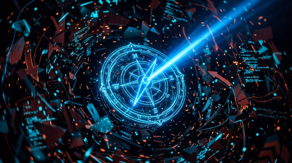 Bússola digital futurista com feixe de luz azul central, simbolizando a direção estratégica e o norte no planejamento de marketing digital.