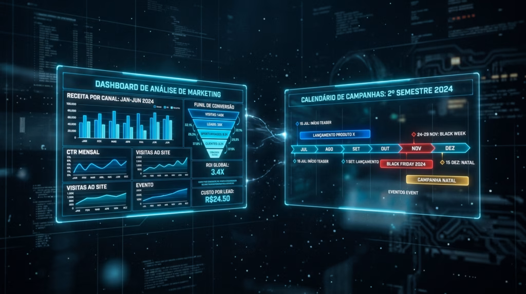 Interface de dashboard de análise de marketing com funil de conversão, métricas de ROI e calendário de campanhas para o segundo semestre de 2024, incluindo Black Friday e Natal.