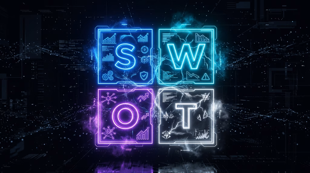 Matriz SWOT com design futurista em neon, destacando Forças, Fraquezas, Oportunidades e Ameaças para análise estratégica de planejamento.