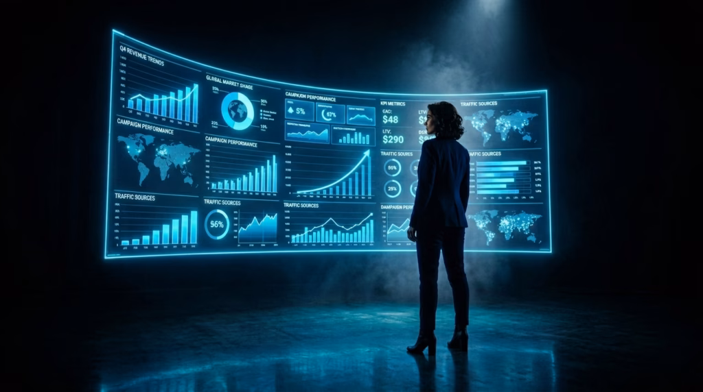 Profissional de marketing analisando tendências de receita, tráfego global e KPIs em uma grande tela curva de dados em ambiente de alta tecnologia.