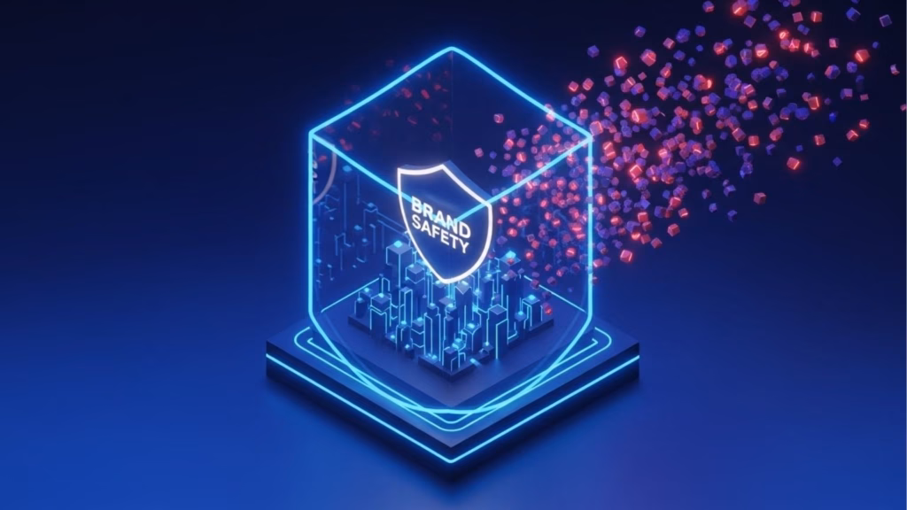 Cubo transparente com contorno azul envolvendo uma cidade digital em miniatura e o texto “BRAND SAFETY”, com pequenos cubos rosa e roxo saindo do topo.