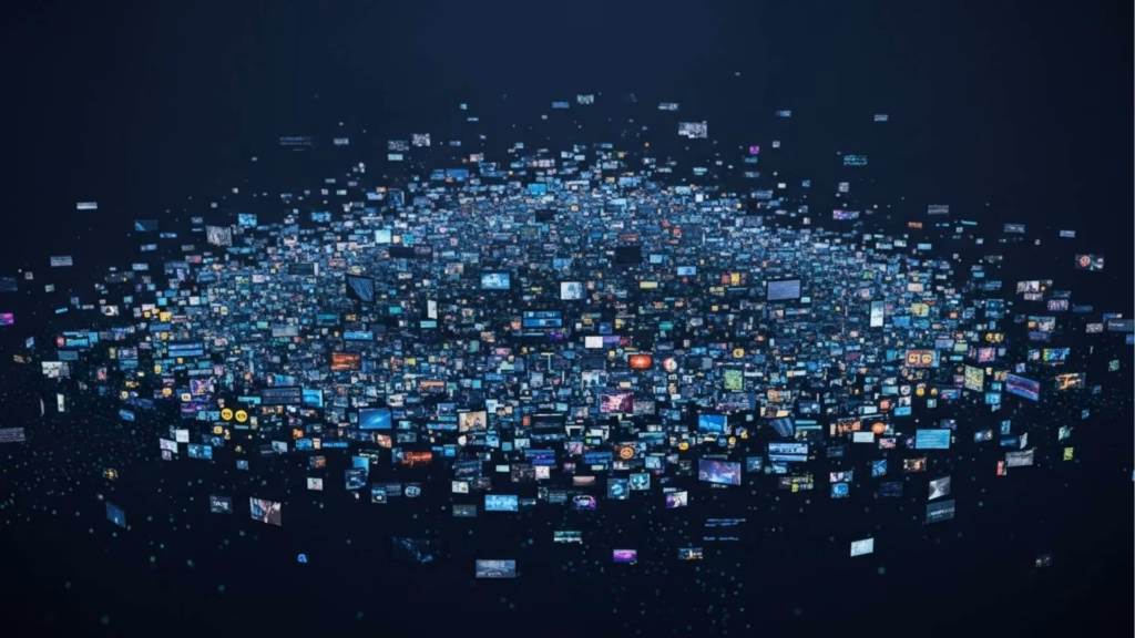 Imagem aérea de milhares de pequenas telas digitais flutuando em um fundo escuro, formando uma grande nuvem de conteúdo visual.