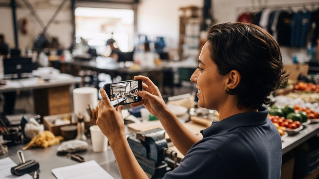 Pessoa fotografando ou filmando o interior movimentado de uma oficina ou cozinha industrial com celular, capturando a rotina de trabalho entre ingredientes e equipamentos.