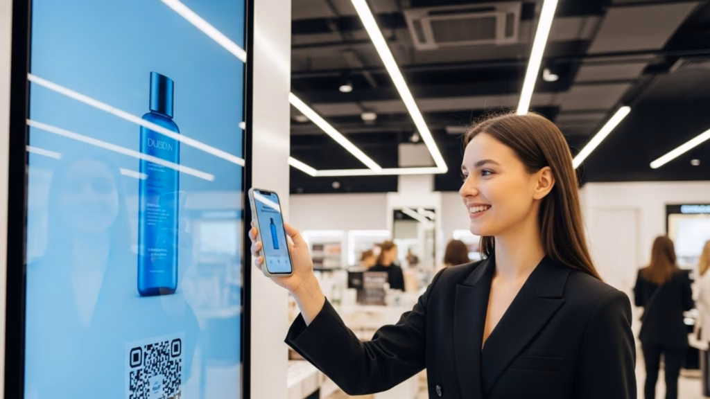 Mulher sorridente usando o celular para interagir com uma tela digital de loja que exibe imagem de um produto de beleza e código QR, em ambiente moderno de varejo.