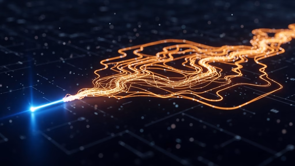Rastro de luz alaranjada ondulando sobre um fundo escuro com grade digital, representando fluxo de dados, transmissão de energia ou caminho de informação.
