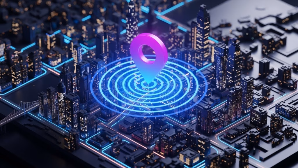 Ícone de localização rosa flutuando sobre um mapa 3D de cidade iluminada, indicando posicionamento centralizado em um ambiente urbano digital.